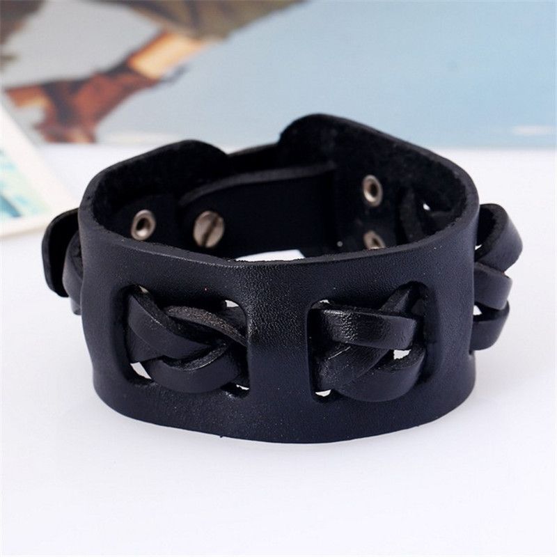 Bracciale in pelle intrecciata con motivo punk con borchie, largo, da uomo, esagerato e alla moda_voghion.com