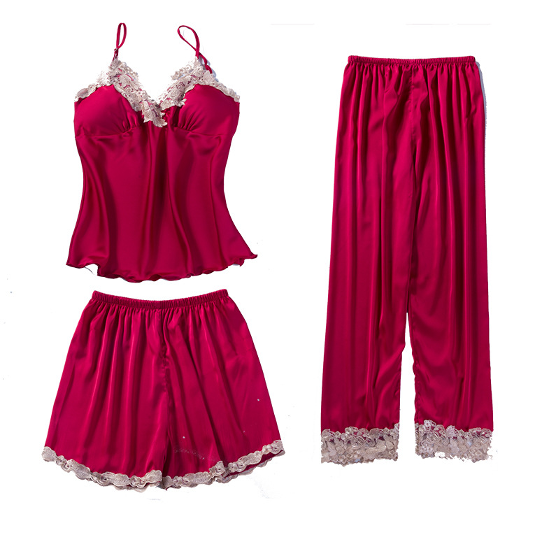 pigiama sexy da donna in seta di ghiaccio set da cinque pezzi con bretelle camicia da notte a maniche lunghe in seta sottile da casa con imbottitura sul petto_voghion.com