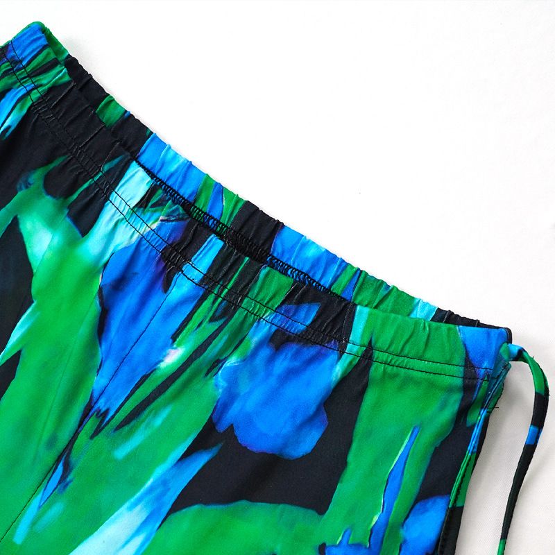T-shirt stampata verde da donna, pantaloni a gamba larga, set casual in due pezzi_voghion.com