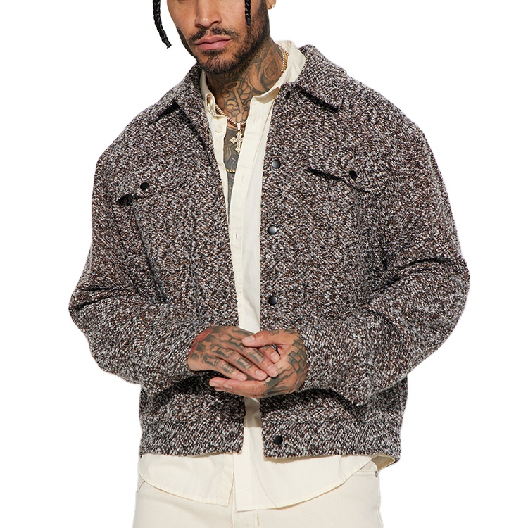 Chocolate Custom Men Boucle Plus Size shacket crop wool Tweed Trucker Jacket Man_voghion.com
