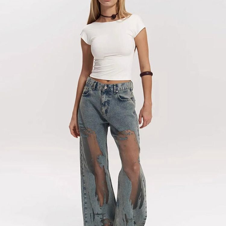 Pantaloni dritti retrò da ragazza hot, pantaloni larghi a gamba larga con design a nicchia e trama cava da donna_voghion.com