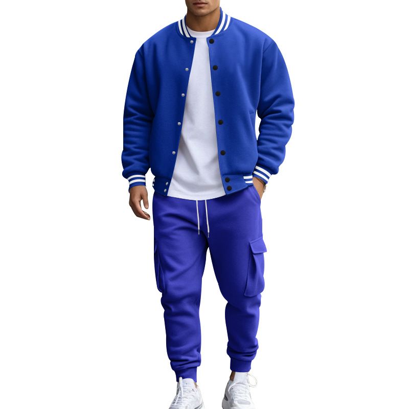 Autumn Winter American Style Stand Collar Baseball Jacket With Fleece Lined Pants Loose Fit Men's Sports Suit_voghion.com
