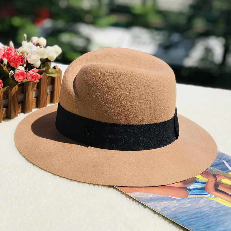 Autumn and winter oblique top hat British pepper letter M wool wide brim hat wool hat_voghion.com
