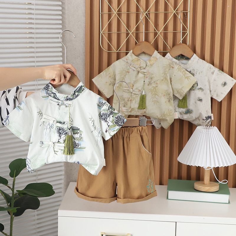 2024 Sommer neuer chinesischer Stil Kurzarm für Jungen und Mädchen 0-4 Jahre alte Baby-Shorts Zweiteiliges Set_voghion.com