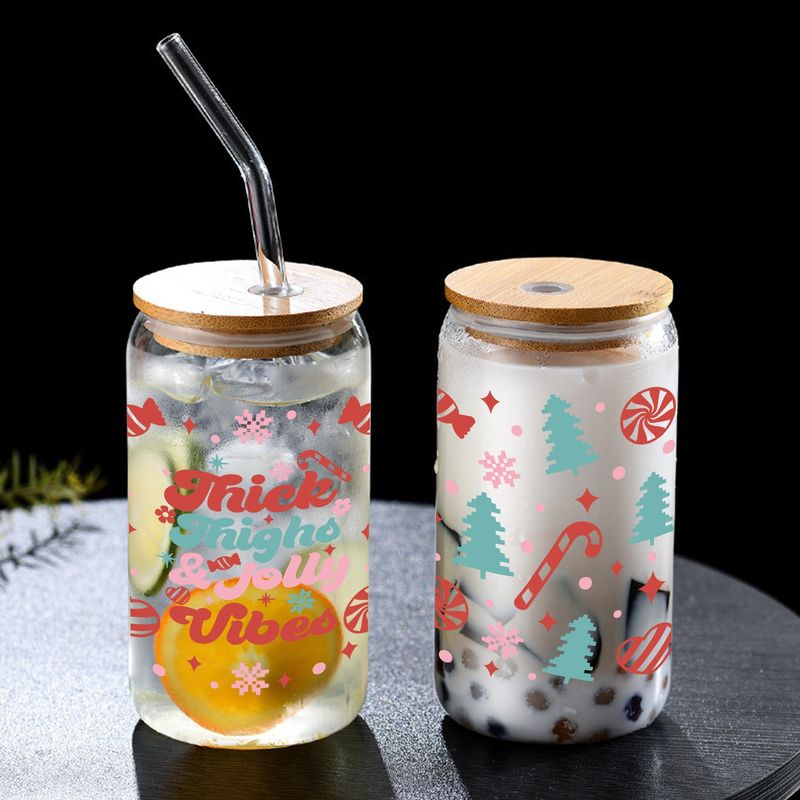 Modern Minimalist Christmas Glass Tumbler Set (16oz) – Eco-Friendly Borosilicate Cups With Bamboo Lids & Glass Straws (2-Pack, Leak-Proof)_voghion.com