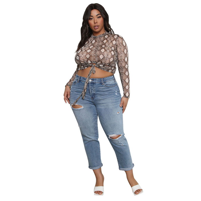 Top a maniche lunghe da donna con stampa serpente trasparente alla moda, abbigliamento da donna_voghion.com