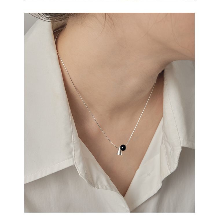 Silver And Black Round Bead Cone Necklace For Women, Ins Style, Niche Design, Clavicle Chain, Light Luxury, Elegant,_voghion.com