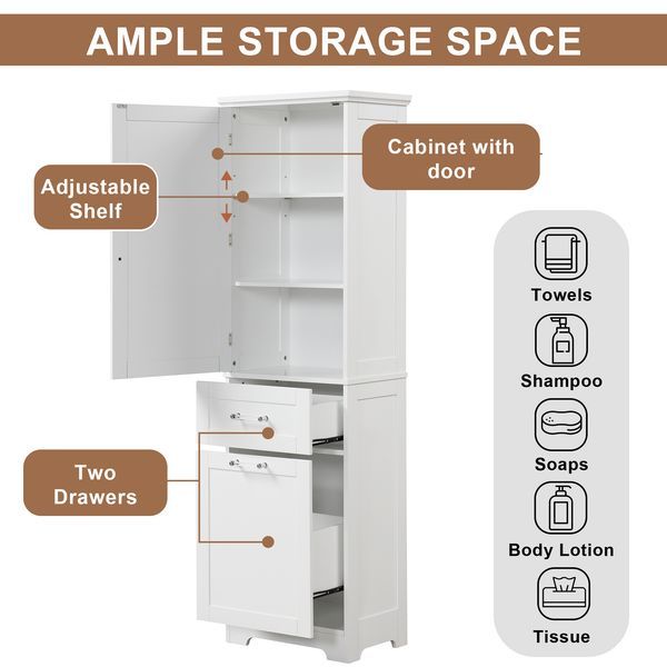 Tall Bathroom Storage Cabinet, Freestanding Storage Cabinet With Two Different Size Drawers And Adjustable Shelf, MDF Board With Painted Finish, Whi_voghion.com