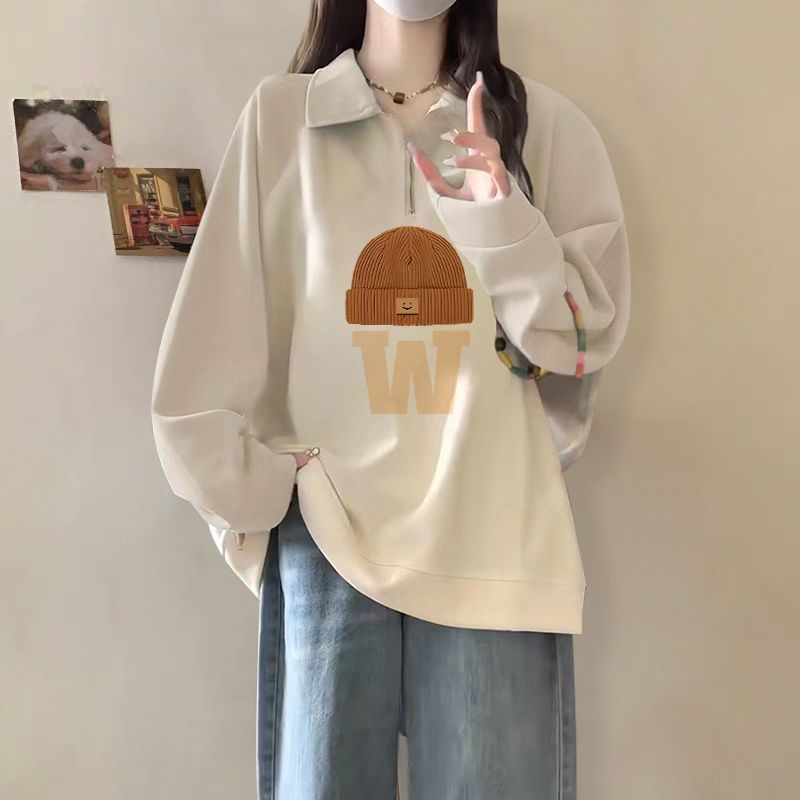 Felpa con cappuccio e cerniera mezza stampata con lettere autunno/inverno 2024 per ragazze con velluto spesso e colletto polo alla moda_voghion.com