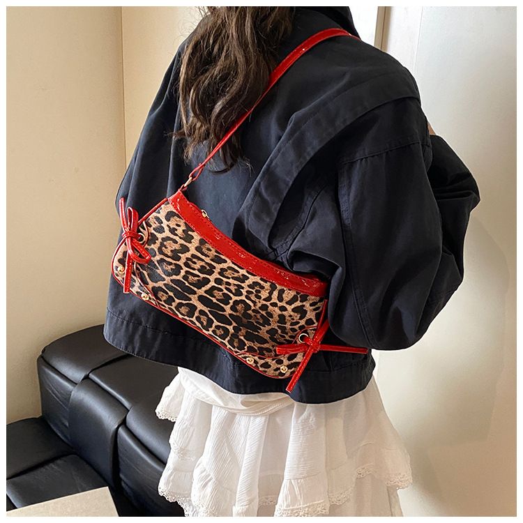 Damen Umhängetaschen Leopardenmuster Retro Schleife Mode Pu Modetrend und Individualität Ein-Schulter-Unterarmtasche_voghion.com