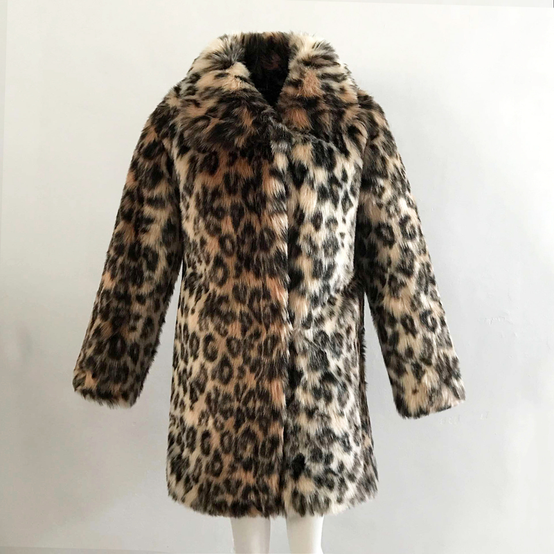 Kvinnors lapel leopardtryck imiterad päls päls kappa förtjockad höst- och vinterkappa_voghion.com