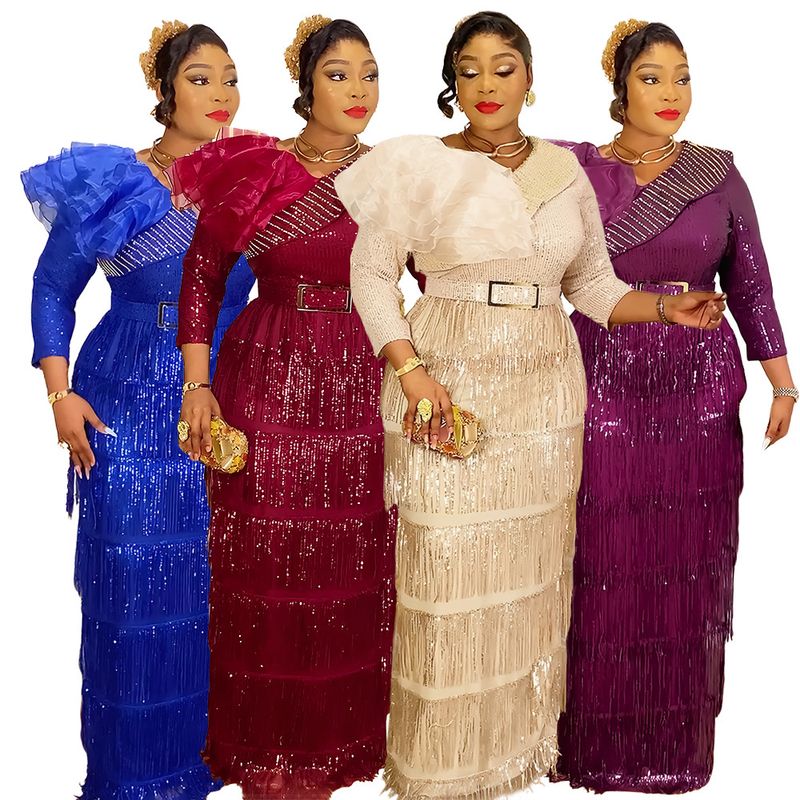 Plus Size Glitter Fringe Party Dress For Women - Elegant V-Neck Sequin Evening Gown With Layered Tulle Skirt (Wine Red, Royal Blue, Rose Purple)_voghion.com