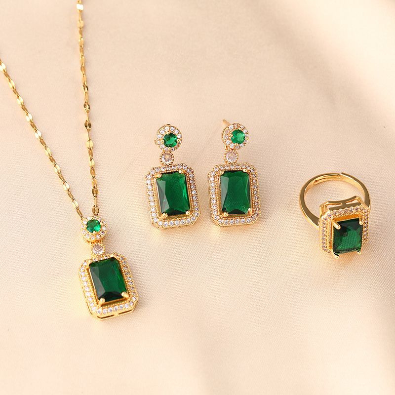 Set di orecchini e collana con anello geometrico classico in zircone e cristallo di smeraldo, gioielli con catena per clavicola di alta qualità._voghion.com
