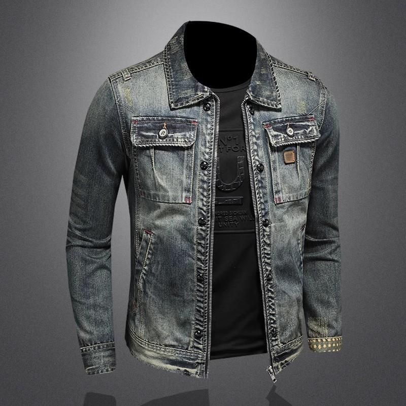 Giacca in denim retrò con revers rovinati, nuova di zecca, da uomo, vestibilità slim, versatile e di alta qualità._voghion.com