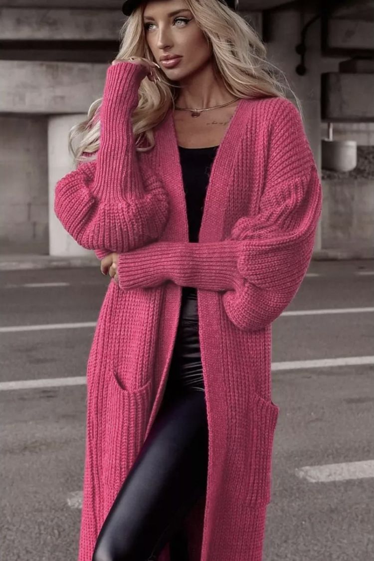 Women's Clothing Long Sleeve Batwing Pocket Cardigan Sweater - Oversized V-Neck Open Front Knit Coat In Soft Acrylic, Elegant Longline Design_voghion.com