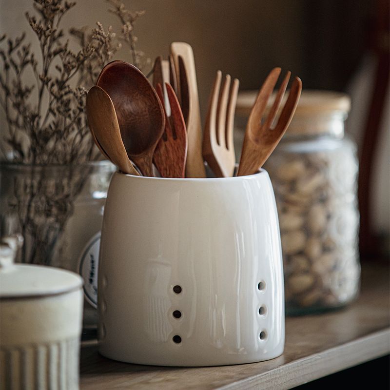 Portautensili in ceramica bianca con fori di drenaggio – Organizzatore minimalista per posate e bacchette per cucina, bagno e ufficio_voghion.com