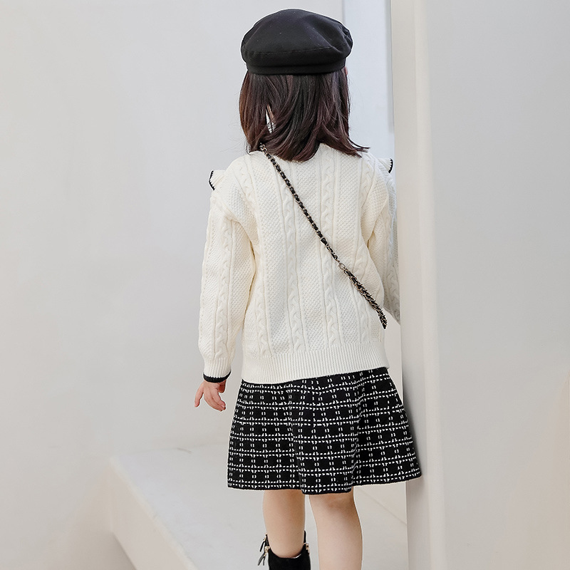 Pull tricoté à une rangée de col rond pour fille, ensemble deux pièces plissé à carreaux, cardigan court, style parfumé, petit style parfumé_voghion.com