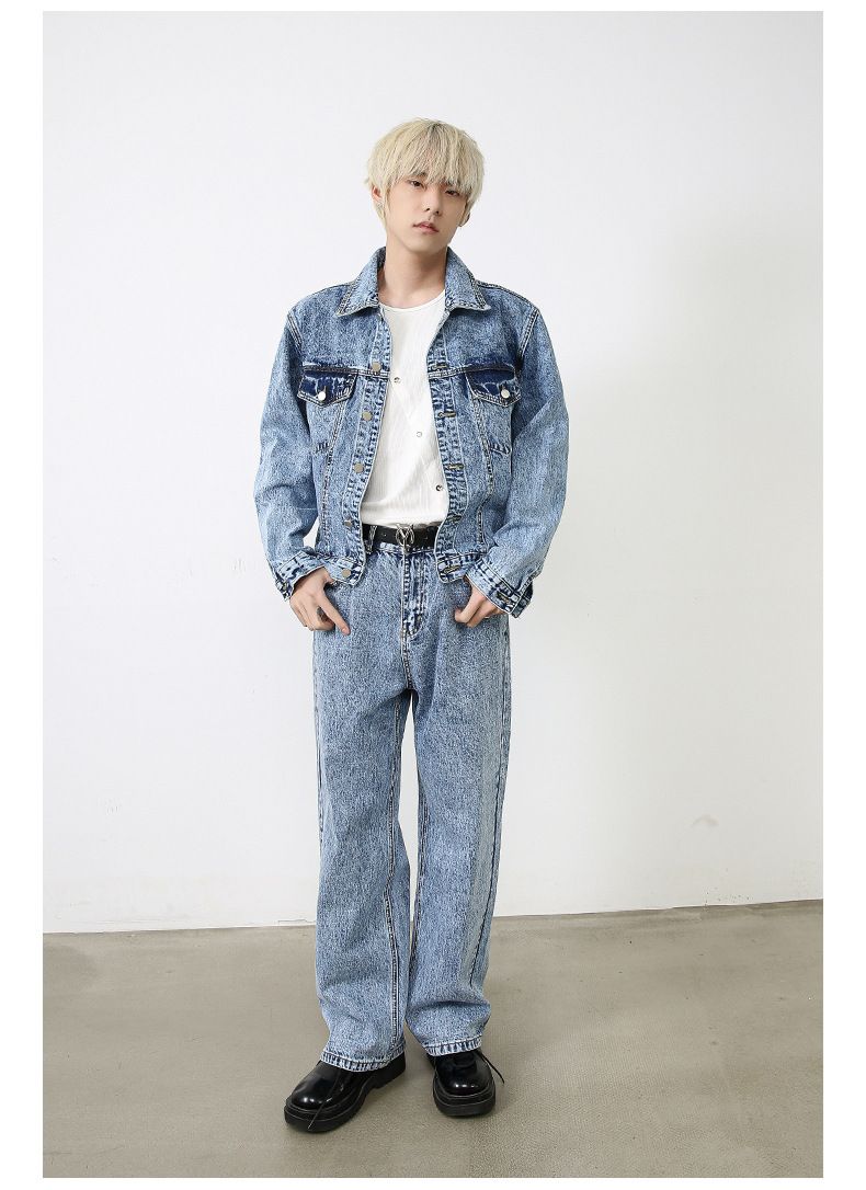 Herrenbekleidung Retro Kurze Jeansjacke Herren Loose Straight Washed Blue Jeans Anzug_voghion.com