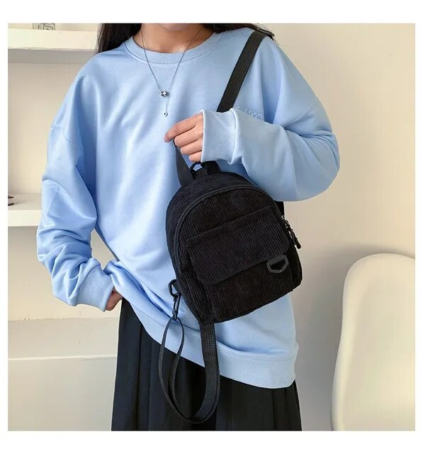 Mini zaino da donna alla moda Zaini piccoli in velluto a coste tinta unita Zaini da viaggio per studenti semplici e casual_voghion.com