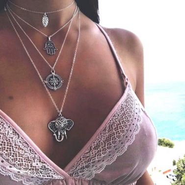 Bohemian Wind Leaves Palm Compass Elephant Multi layered Necklace_voghion.com