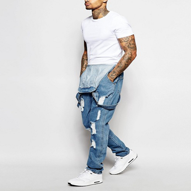 Men's Lace-up Denim Romper Ripped Jeans_voghion.com