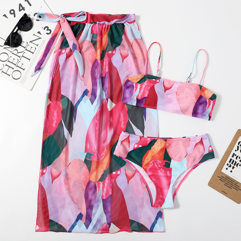 Traje de baño para mujer Top up, malla, conjunto de bikini triangular de tres piezas para mujer, nuevo traje de baño dividido sexy estampado_voghion.com