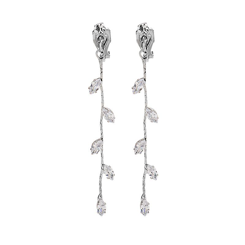 Orecchini Dongdaemun coreani con un sottile intarsio di zirconi, nappe di foglie fresche e lunghe clip per le orecchie, orecchini eleganti_voghion.com