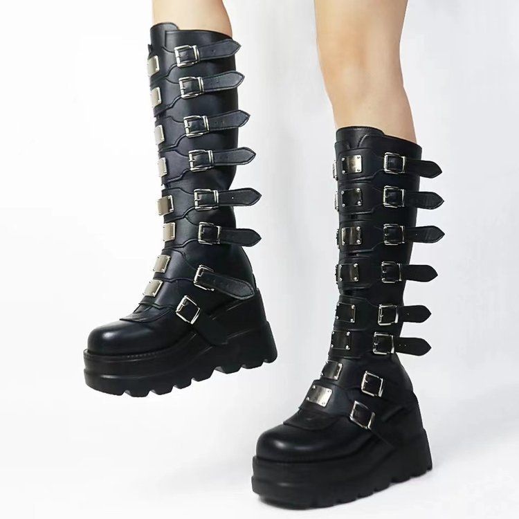 Women's plus-size boots with metal buckle platforms and high boots_voghion.com