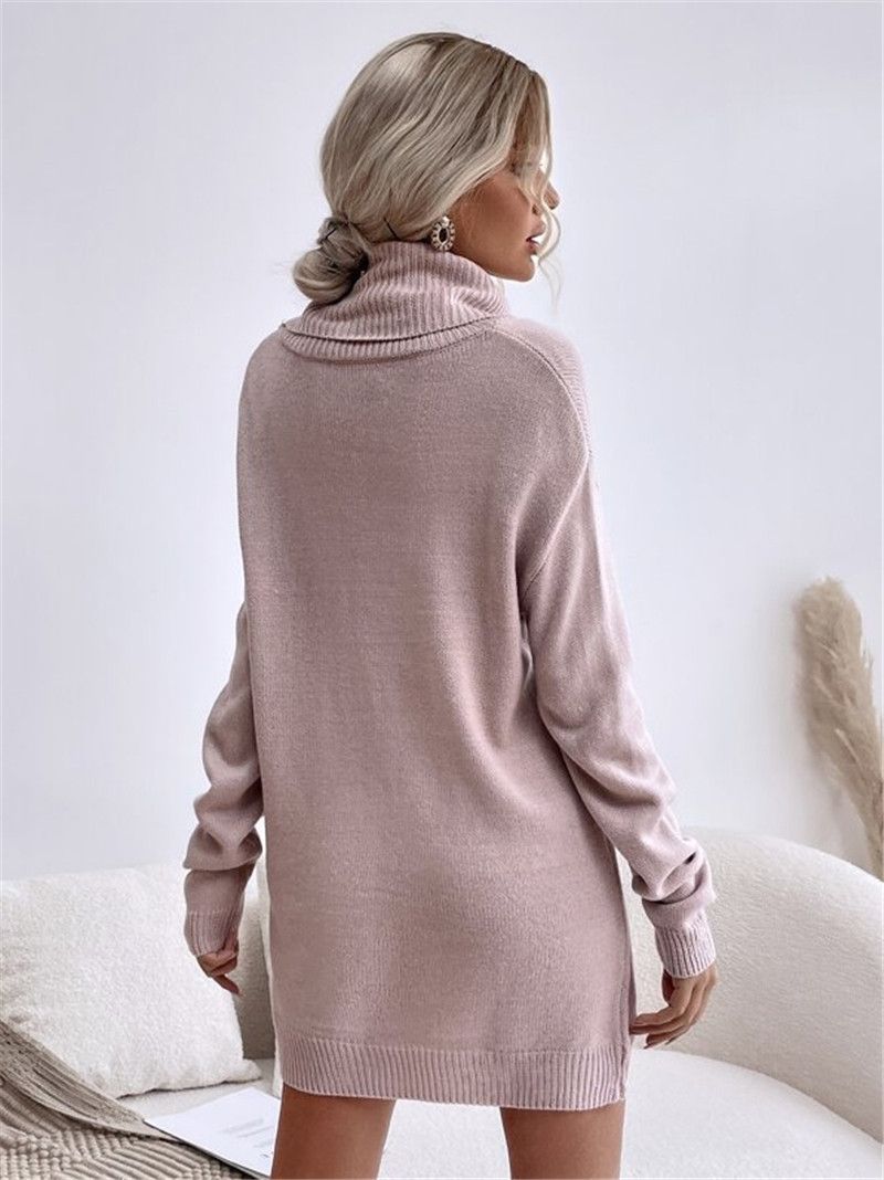 Damenbekleidung Herbst und Winter Neues einfarbiges, lockeres Strickpulloverkleid mit hohem Kragen_voghion.com