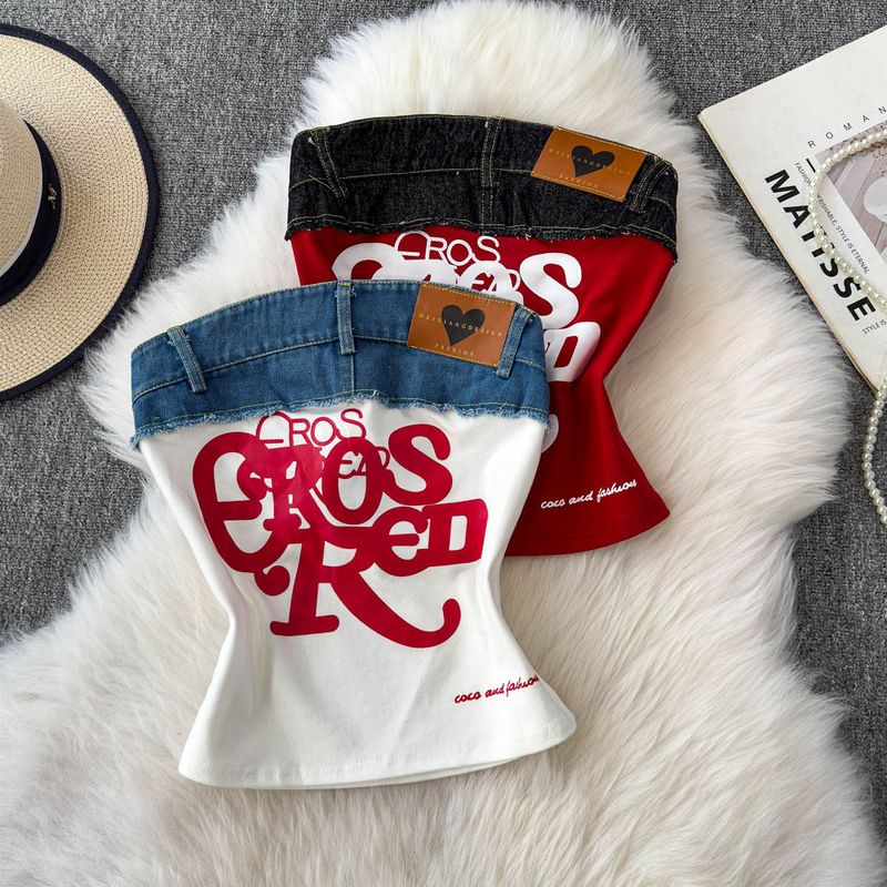 Women's Clothing Retro Hottie Letter Embroidered Tube Top Summer Fashion Denim Stitching Slim Fit Camisole Vest_voghion.com