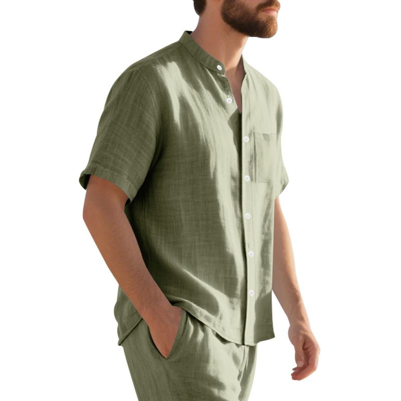Camisa de lino de manga corta para hombre, nueva, de color liso, con cuello alto y bolsillo, holgada, informal_voghion.com