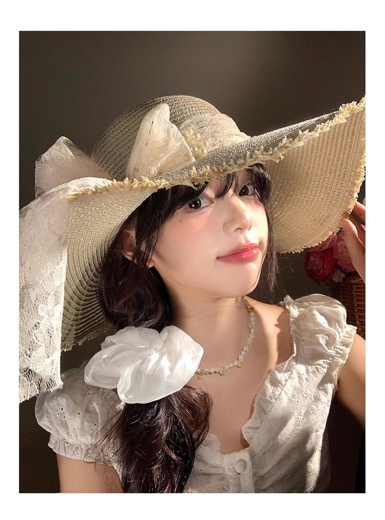 Sombrero de paja de ala ancha para mujer, nuevo sombrero de playa con protección solar 2025_voghion.com