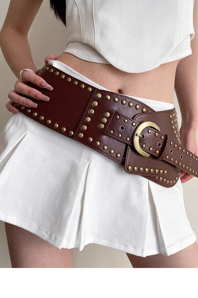 Women's Wide Belt Retro High-end Fashion All-match Decorative Fashion Dress Trendy Rivet Punk Style Belt_voghion.com