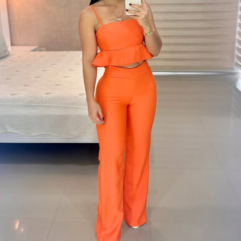 Women's 2023 new bandeau suspenders ruffle hem high waist straight trousers fashion casual suit_voghion.com