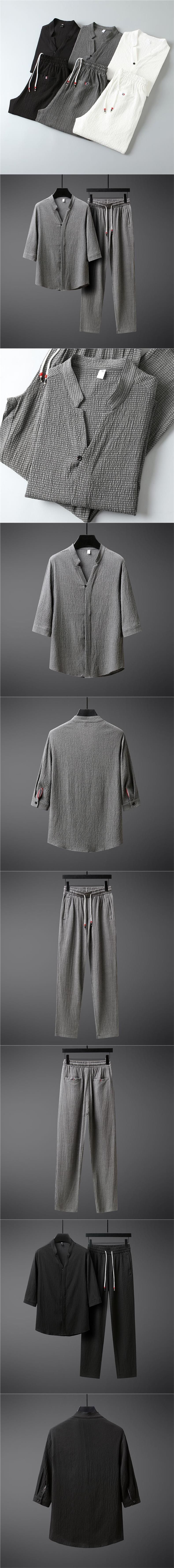 Herrenbekleidung für den Sommer, Hanfu-Herrenbekleidung aus Eisseide, ein Set hübscher Herrenbekleidung, kurze Ärmel aus Baumwolle und Leinen_voghion.com