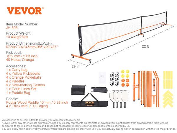 VEVOR Pickleball Net Set, 22FT Regulation Size Portable Pickleball System With Bags, Balls, Paddles, Wheels, And Court Lines, Weather Resistant Metal Frame & PE Net, For Outdoor Backyard Driveway_voghion.com