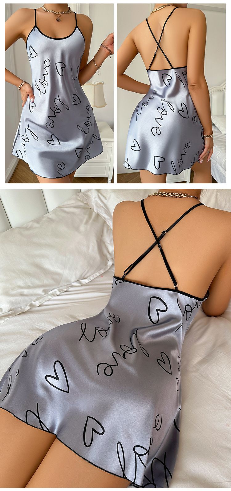 Camicia da notte da donna in stile Pure Desire, casual, sexy, corta, con spalline piccole e stampa_voghion.com