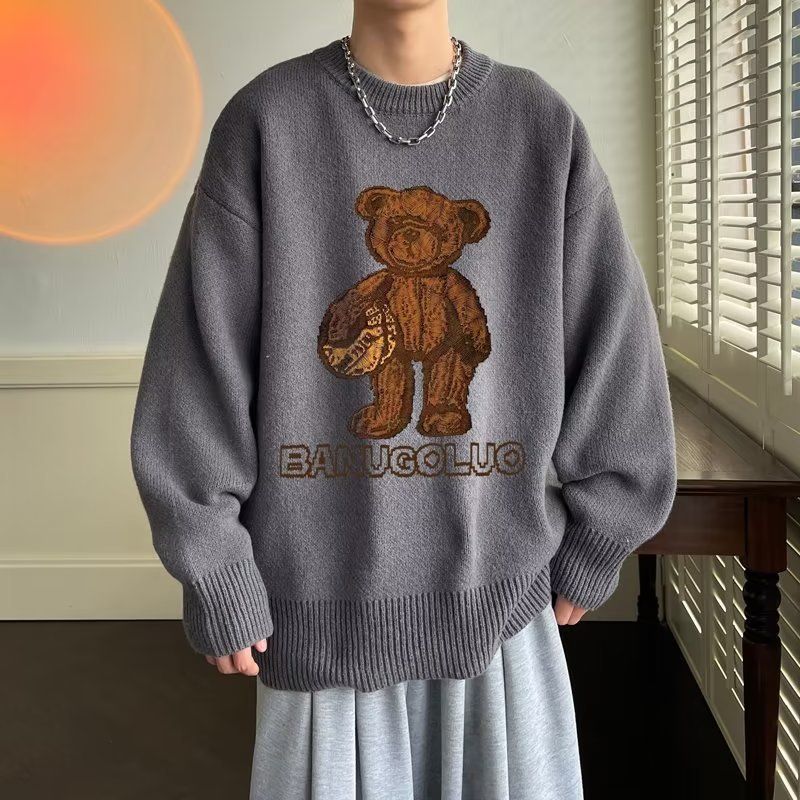 Neuer, personalisierter, trendiger Teddybär-Pullover im Retro-Stil für Männer, Herbst und Winter, locker sitzender Strickpullover für Paare_voghion.com