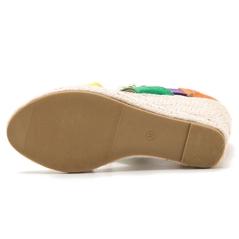 Sandali con zeppa in corda di iuta fatti a mano da donna - Scarpe con plateau e cinturini colorati in stile bohémien (calzature estive etniche da donna)_voghion.com