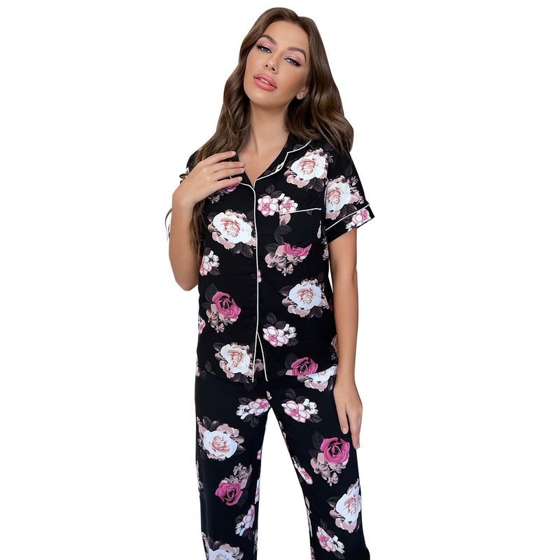 Pyjama Dames Zomer Plantenprint Korte Mouw Shirt Lange Broek Tweedelige Set Huiskleding Pamas_voghion.com