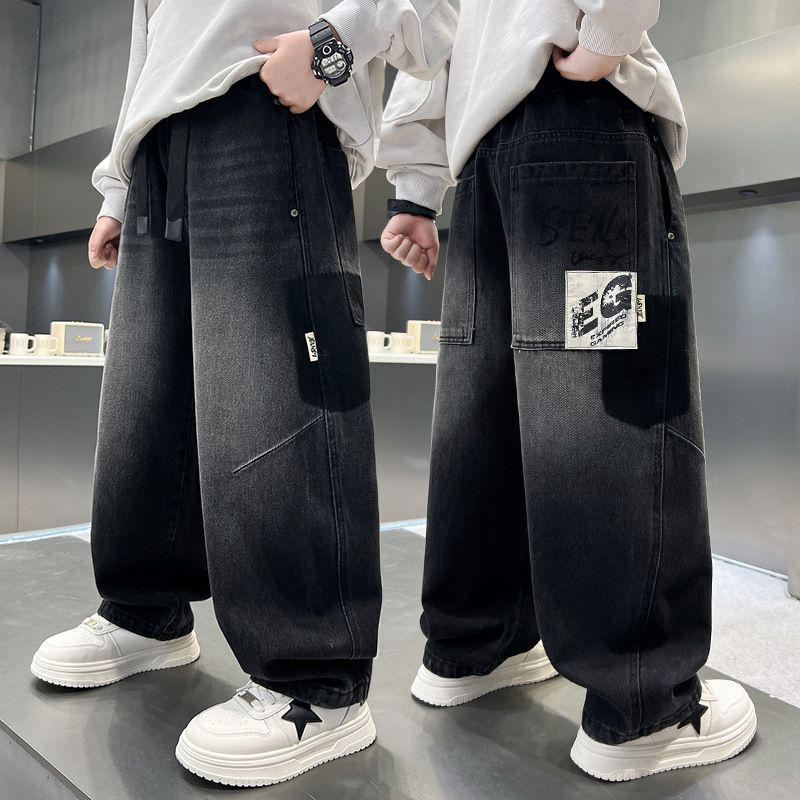 Jeans elasticizzati e comodi per bambini - Pantaloni in denim di cotone morbido per bambini, elastico in vita alta, stile casual alla moda (120-170 cm, nero)_voghion.com