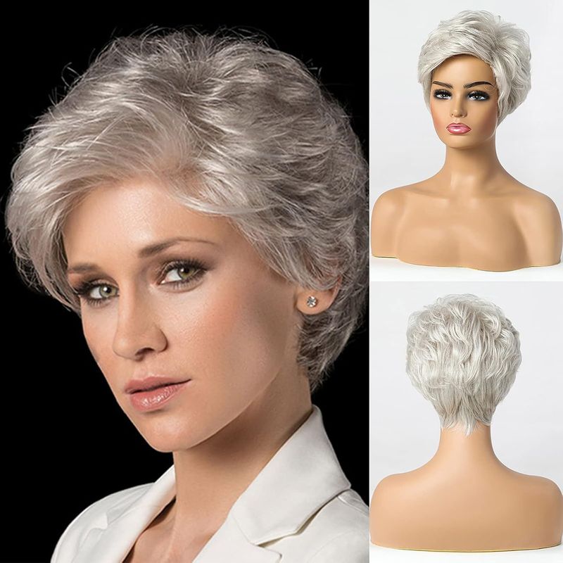 Synthetic Clip-in Wigs Women's Natural Layered Hair Elf Wig Gray And White Side Parted Fashionable Short Wig_voghion.com