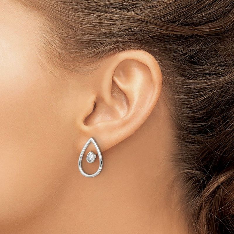 Sterling Silver Polished Teardrop W/Drop And Dangle CZ Threader Post Earrin_voghion.com