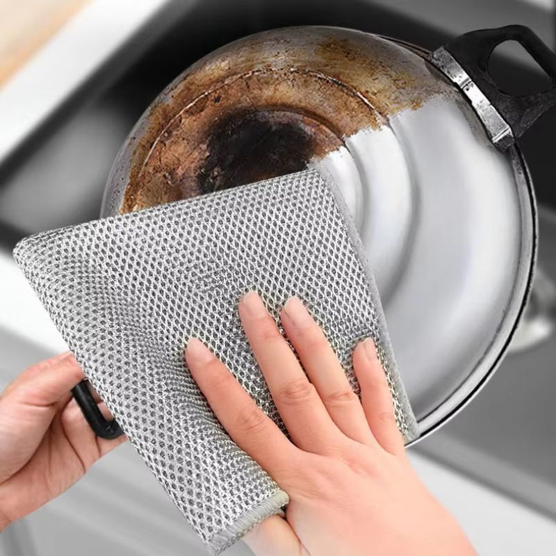 Nuovo panno in tessuto di filo d'acciaio, strofinaccio assorbente antiaderente, strofinaccio per piatti in filo d'acciaio, stracci bifacciali in velluto corallo AB_voghion.com