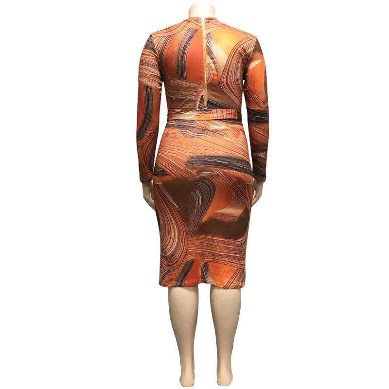 Bodycon Dress Fashion Commute Round Neck Printing Long Sleeve Monogram Knee-length Street_voghion.com