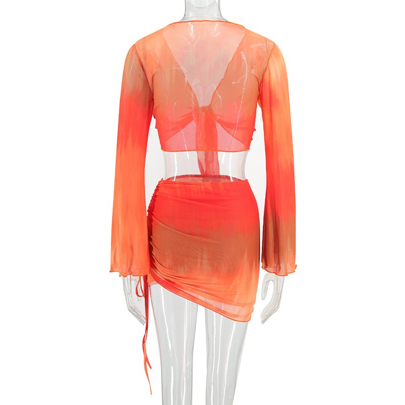 Women's tie dye printed V-neck strap with gradient color horn mesh long sleeve skirt set_voghion.com
