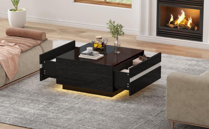 Table basse carrée 70 x 70 x 36 cm avec LED, table de salon haute brillance avec 2 tiroirs, table d'appoint avec plateau en verre trempé, table basse au design géométrique_voghion.com