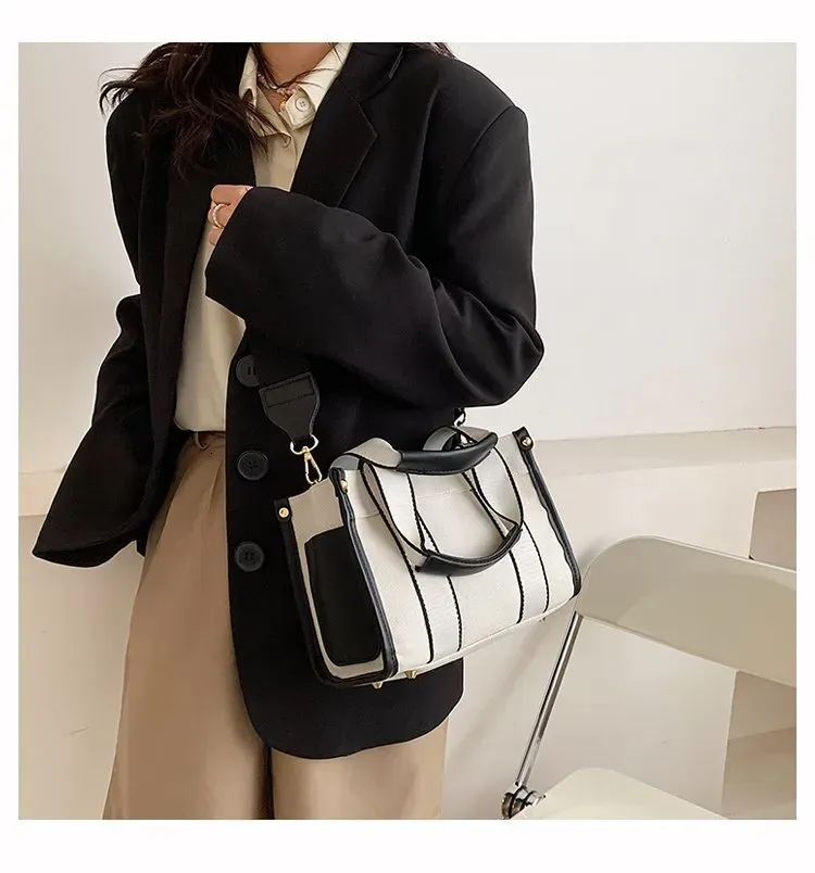 Women's Minimalist Canvas Shoulder Designer New Spliced Contrasting Color Handbag Fashion Chain Crossbody Casual Large_voghion.com