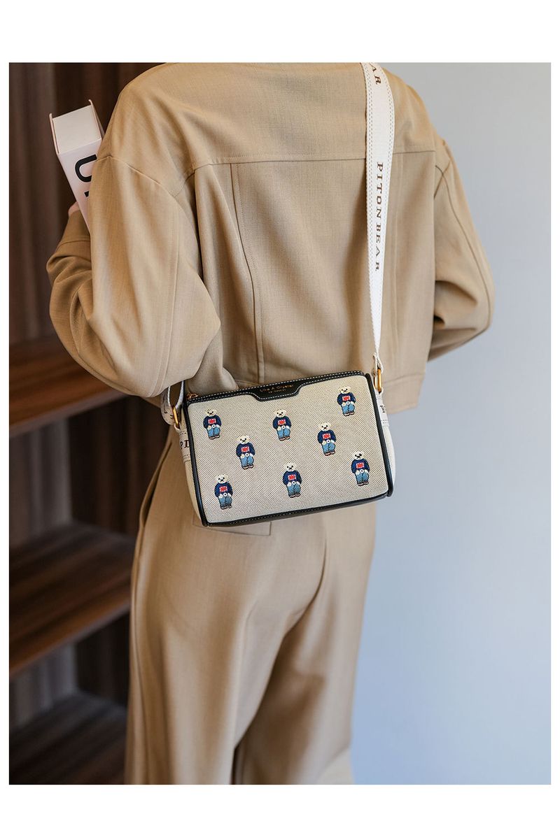 Women's Bags canvas contrast color embroidery wide shoulder strap bag _voghion.com