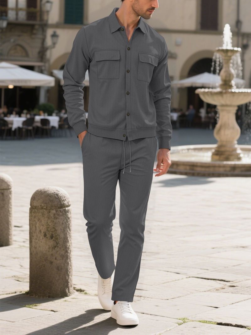 Conjunto de traje informal de pana para hombre: camisa abotonada de color liso con dos bolsillos y pantalón largo a juego._voghion.com